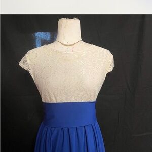 Elegant Lace Top Blue Dress w wide fabric blue sash/belt